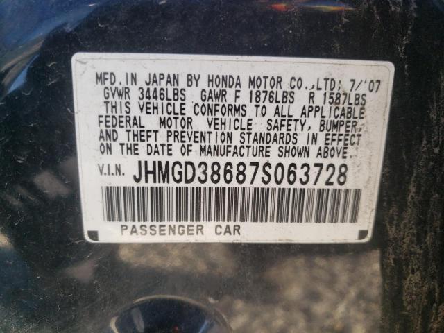 JHMGD38687S063728 - 2007 HONDA FIT S BLACK photo 10