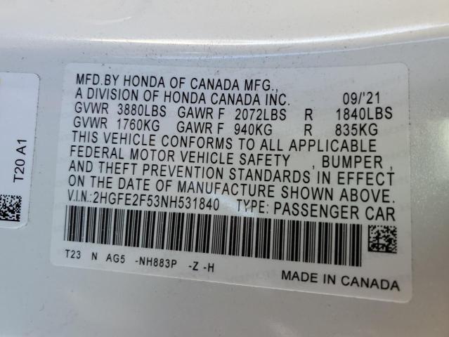 2HGFE2F53NH531840 - 2022 HONDA CIVIC SPOR WHITE photo 10