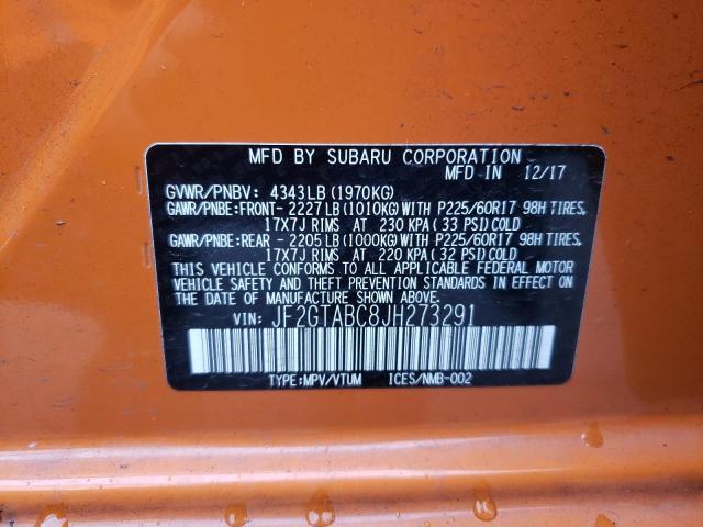 JF2GTABC8JH273291 - 2018 SUBARU CROSSTREK ORANGE photo 10