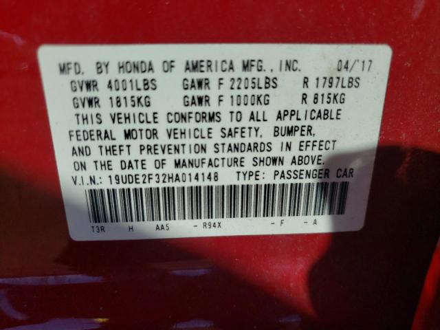 19UDE2F32HA014148 - 2017 ACURA ILX BASE W Rot Foto 10