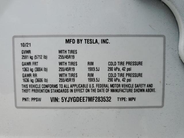 5YJYGDEE7MF283532 - 2021 TESLA MODEL Y Blanc photo 10