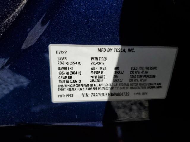 7SAYGDEE3NA004739 - 2022 TESLA MODEL Y Bleu photo 10