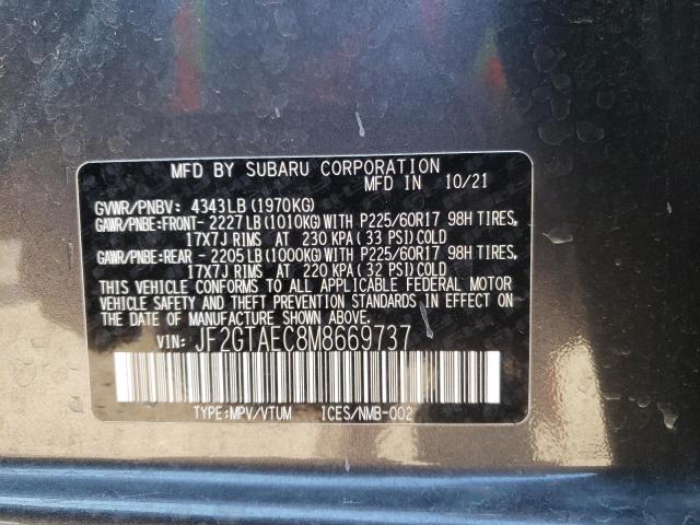 JF2GTAEC8M8669737 - 2021 SUBARU CROSSTREK GRAY photo 10