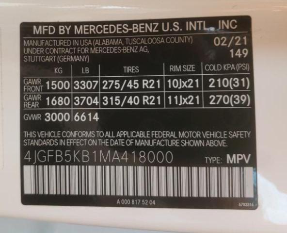 4JGFB5KB1MA418000 - 2021 MERCEDES-BENZ GLE 450 4M WHITE photo 10