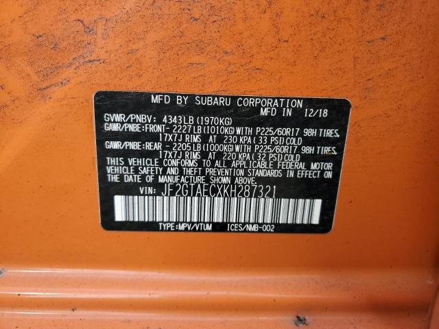 JF2GTAECXKH287321 - 2019 SUBARU CROSSTREK ORANGE photo 10