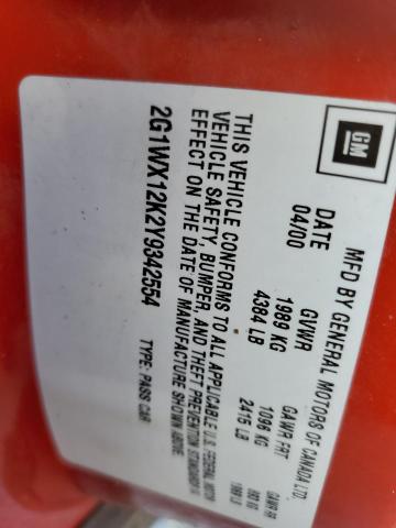 2G1WX12K2Y9342554 - 2000 CHEVROLET MONTE CARL 红色 照片 10