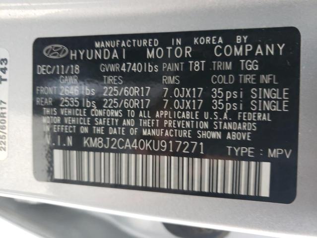 KM8J2CA40KU917271 - 2019 HYUNDAI TUCSON SE SILVER photo 10