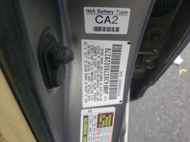 JHMFA36278S028278 - 2008 HONDA CIVIC HYBR GRAY photo 10