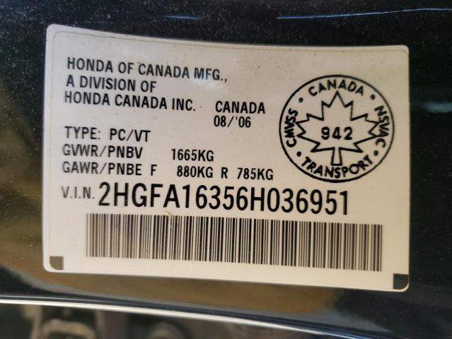 2HGFA16356H036951 - 2006 HONDA CIVIC DX V BLACK photo 10