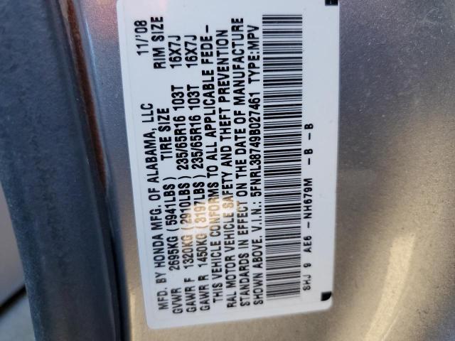 5FNRL38749B027461 - 2009 HONDA ODYSSEY EX SILVER photo 10