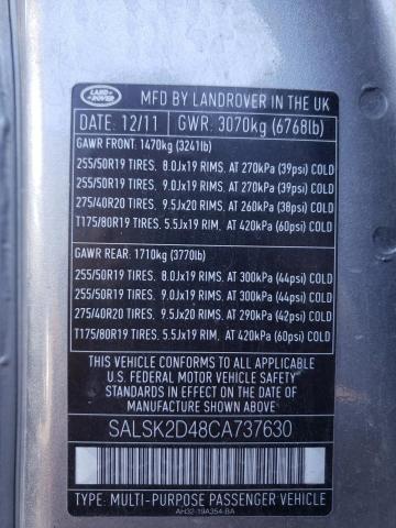 SALSK2D48CA737630 - 2012 LAND ROVER RANGE ROVE SILVER photo 10