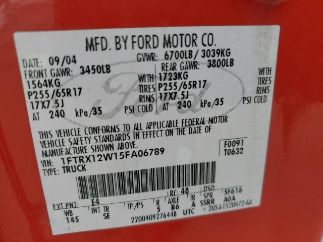 1FTRX12W15FA06789 - 2005 FORD F150 RED photo 10