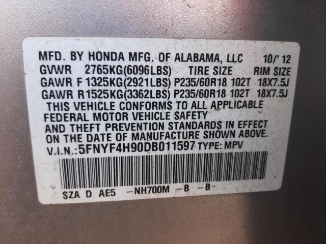 5FNYF4H90DB011597 - 2013 HONDA PILOT TOUR SILVER photo 10