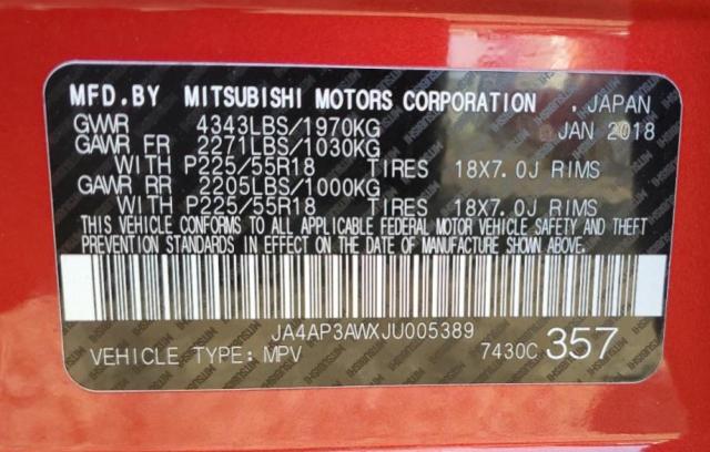 JA4AP3AWXJU005389 - 2018 MITSUBISHI OUTLANDER RED photo 10