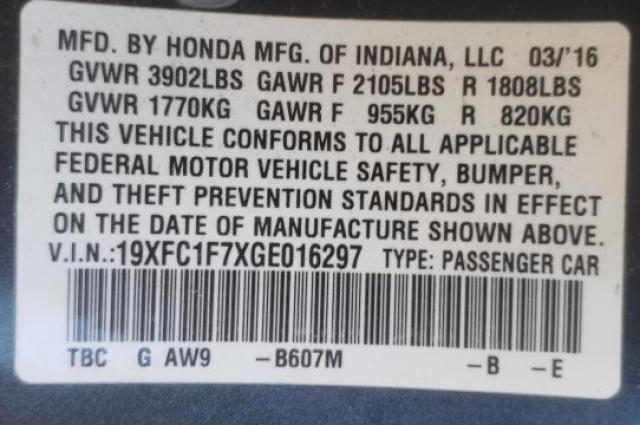 19XFC1F7XGE016297 - 2016 HONDA CIVIC EXL 灰色 照片 10