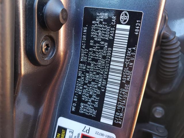 4T1BF1FK0CU122999 - 2012 TOYOTA CAMRY L AU CHARCOAL photo 10