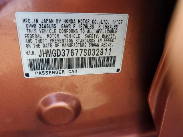 JHMGD37677S032911 - 2007 HONDA FIT S ORANGE photo 10