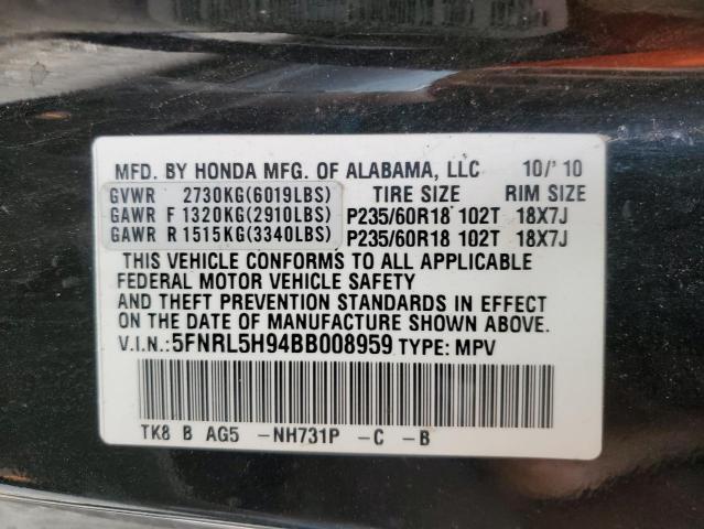 5FNRL5H94BB008959 - 2011 HONDA ODYSSEY TO BLACK photo 10