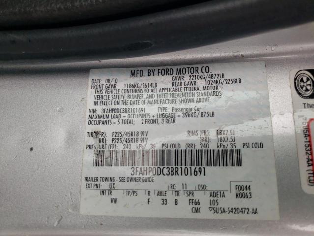 3FAHP0DC3BR101691 - 2011 FORD FUSION SPO SILVER photo 10