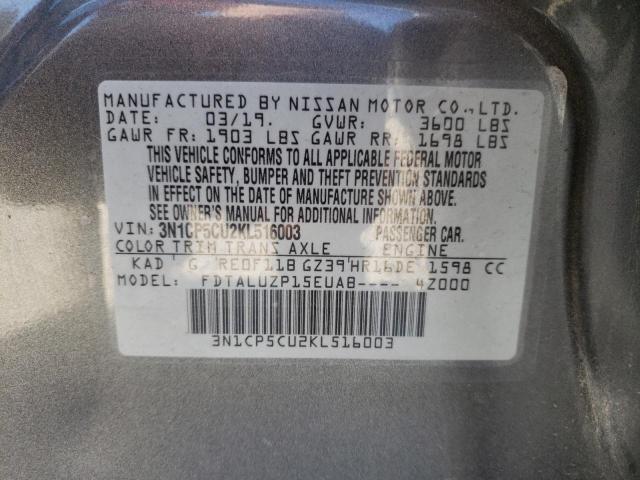 3N1CP5CU2KL516003 - 2019 NISSAN KICKS S GRAY photo 10