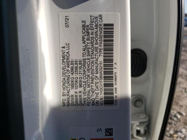 1HGCV1F58MA092161 - 2021 HONDA ACCORD EXL WHITE photo 10