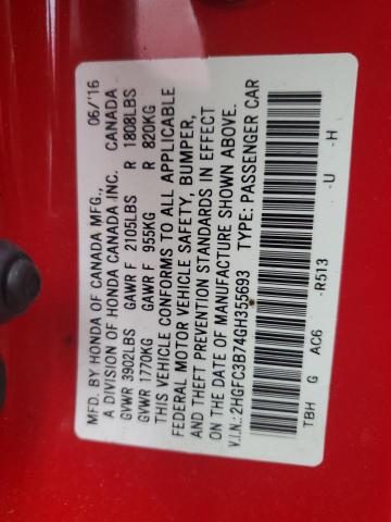 2HGFC3B74GH355693 - 2016 HONDA CIVIC EXL Qırmızı foto 10