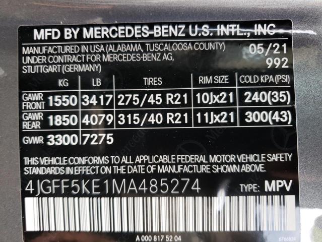 4JGFF5KE1MA485274 - 2021 MERCEDES-BENZ GLS 450 4M GRAY photo 10