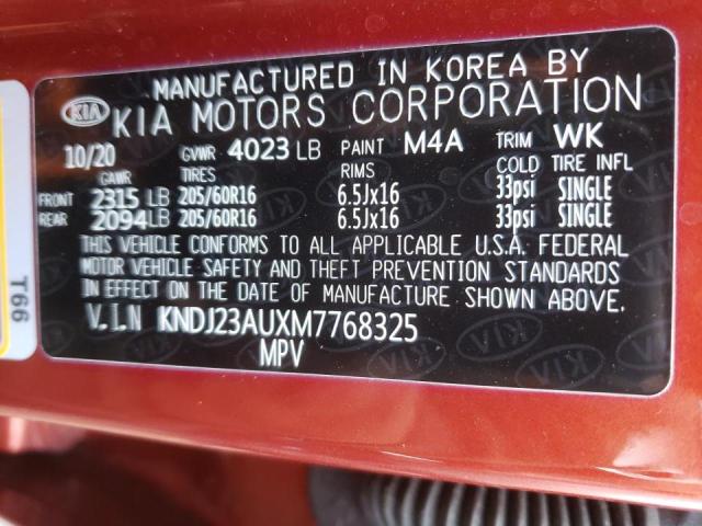 KNDJ23AUXM7768325 - 2021 KIA SOUL LX RED photo 10