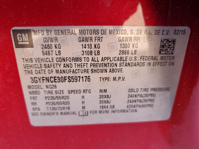 3GYFNCE30FS597176 - 2015 CADILLAC SRX PERFOR 红色 照片 10