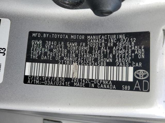 2T1BU4EE5CC834588 - 2012 TOYOTA CORROLLA SILVER photo 10