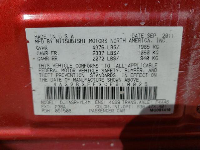 4A32B3FF3CE010025 - 2012 MITSUBISHI GALANT ES RED photo 10