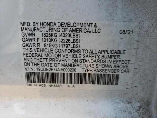 19UDE2F74NA000296 - 2022 ACURA ILX PREMIU WHITE photo 10