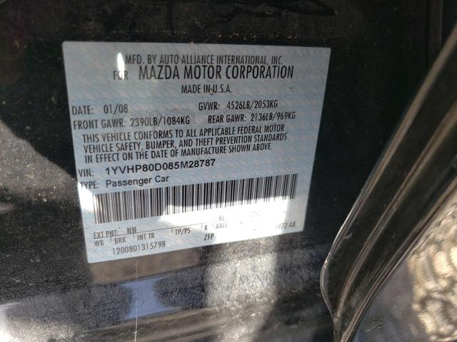 1YVHP80D085M28787 - 2008 MAZDA 6 S BLACK photo 10