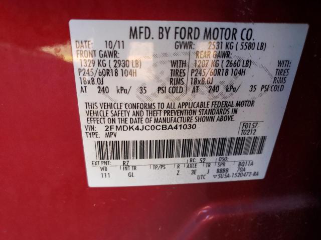 2FMDK4JC0CBA41030 - 2012 FORD EDGE SEL RED photo 10