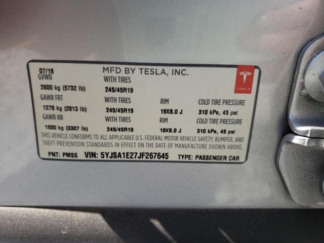 5YJSA1E27JF267645 - 2018 TESLA MODEL S Արծաթագույն լուսանկար 10