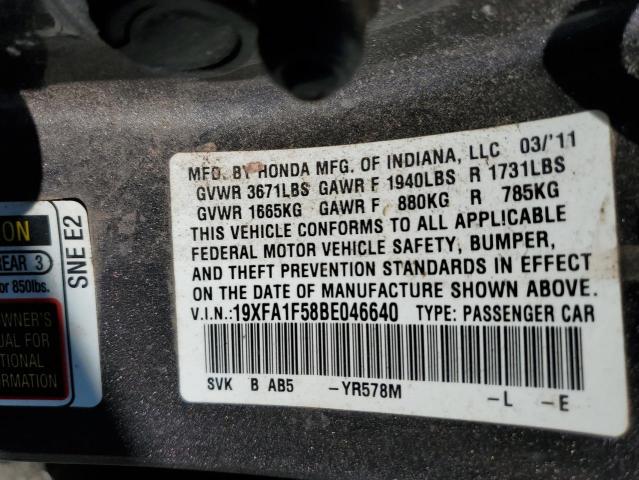 19XFA1F58BE046640 - 2011 HONDA CIVIC LX GRAY photo 10