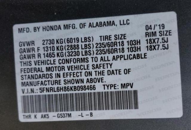 5FNRL6H86KB098466 - 2019 HONDA ODYSSEY TO GRAY photo 10