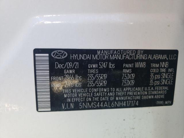 5NMS44AL6NH417174 - 2022 HYUNDAI SANTA FE L WHITE photo 10