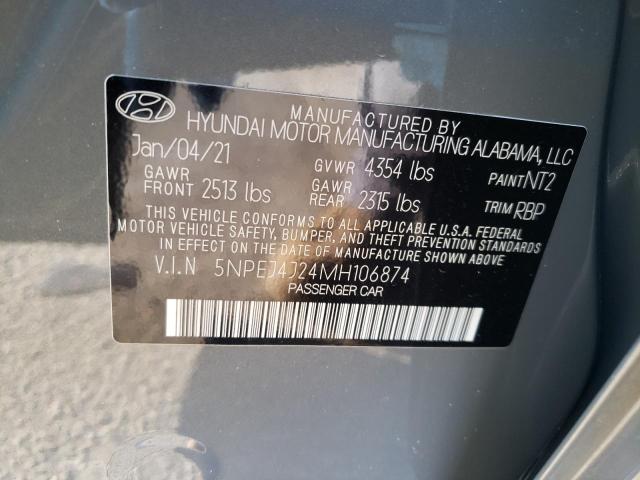 5NPEJ4J24MH106874 - 2021 HYUNDAI SONATA SEL GRAY photo 10