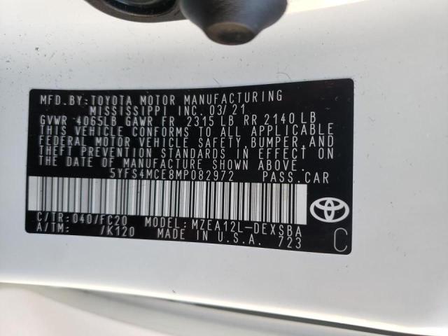 5YFS4MCE8MP082972 - 2021 TOYOTA COROLLA SE WHITE photo 10