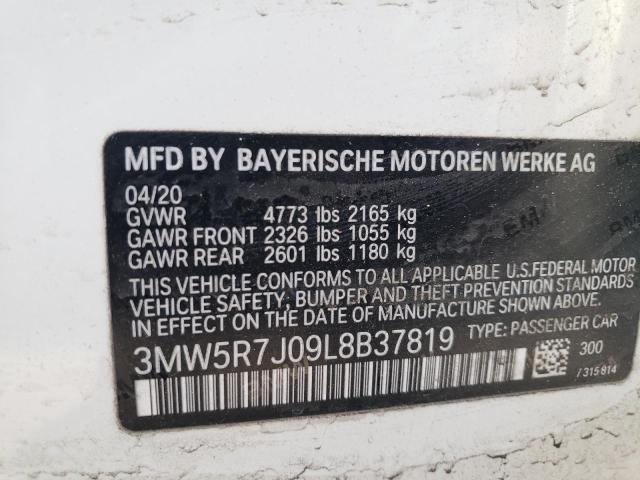 3MW5R7J09L8B37819 - 2020 BMW 330XI WHITE photo 10