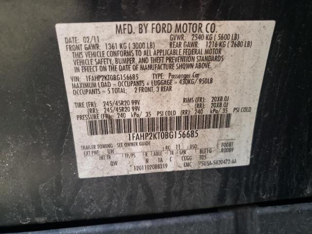 1FAHP2KT0BG156685 - 2011 FORD TAURUS SHO CHARCOAL photo 10