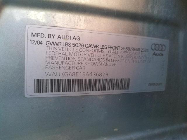 WAUKG68E15A436829 - 2005 AUDI A4 3.2 AVA SILVER photo 10