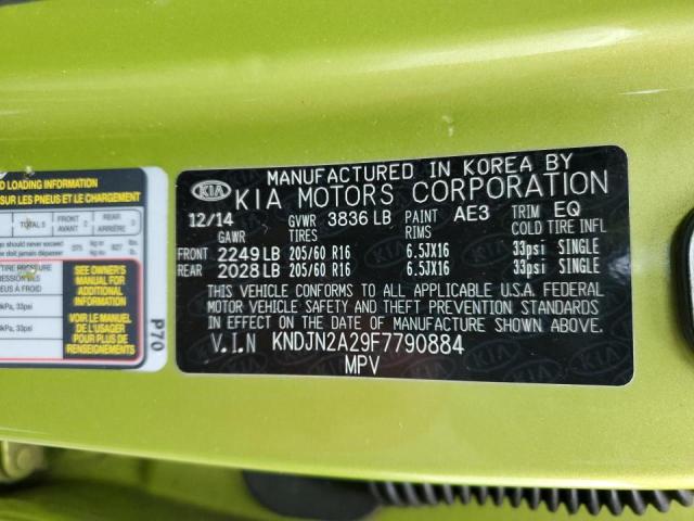 KNDJN2A29F7790884 - 2015 KIA SOUL GREEN photo 10