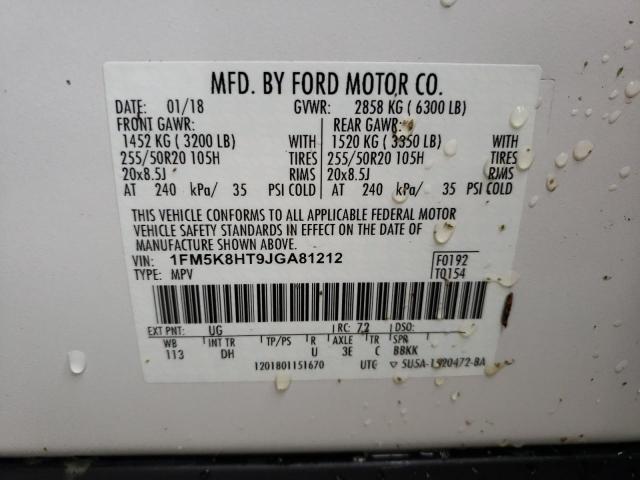 1FM5K8HT9JGA81212 - 2018 FORD EXPLORER P WHITE photo 10