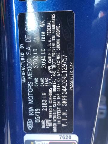 3KPF34AD3KE129757 - 2019 KIA FORTE GT L BLUE photo 10