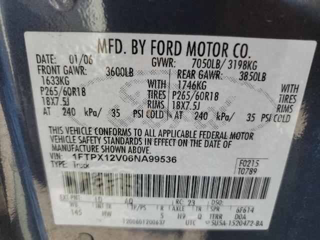 1FTPX12V06NA99536 - 2006 FORD F150 BLUE photo 10