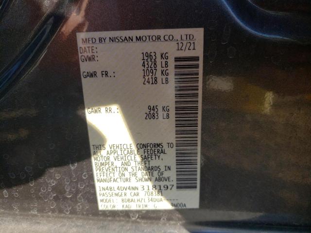 1N4BL4DV4NN318197 - 2022 NISSAN ALTIMA SV CHARCOAL photo 10