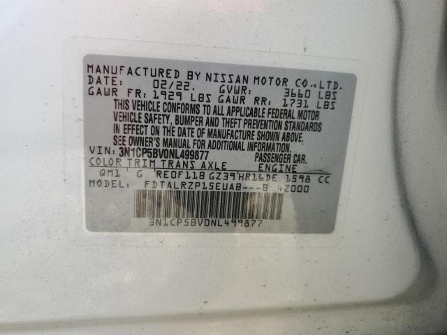 3N1CP5BV0NL499877 - 2022 NISSAN KICKS S WHITE photo 10