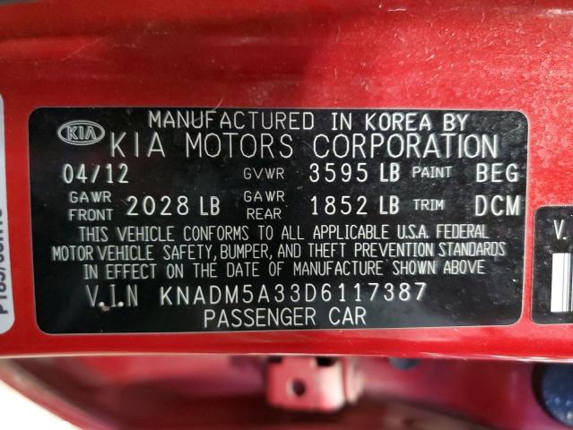 KNADM5A33D6117387 - 2013 KIA RIO LX RED photo 10